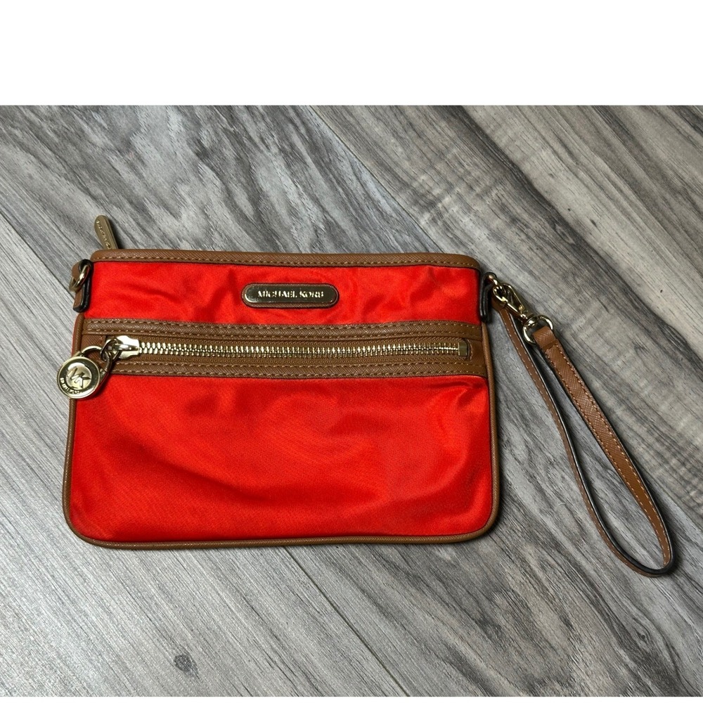Michael Kors Tomato Red Nylon Wristlet Clutch Tan Leather Trim Gold Hardware